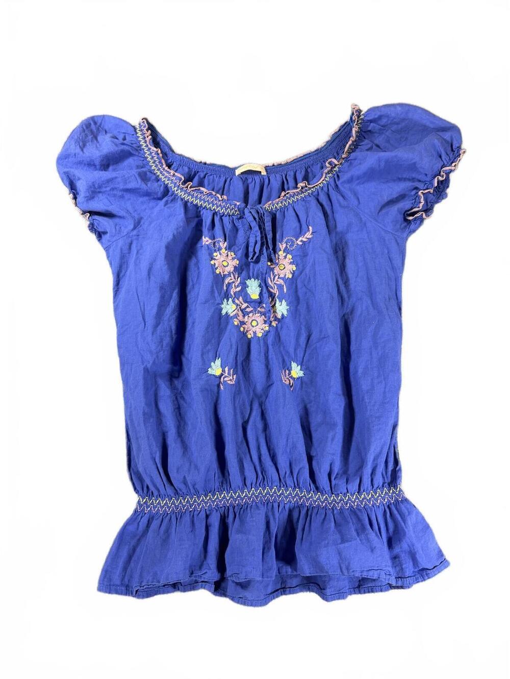 Blue Embroidered Peasant Blouse Womens XL Boho Cottagecore Top